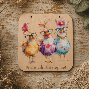 cedulka Slepice je vyrobena z bukové překližky a vtipným motivem slepic