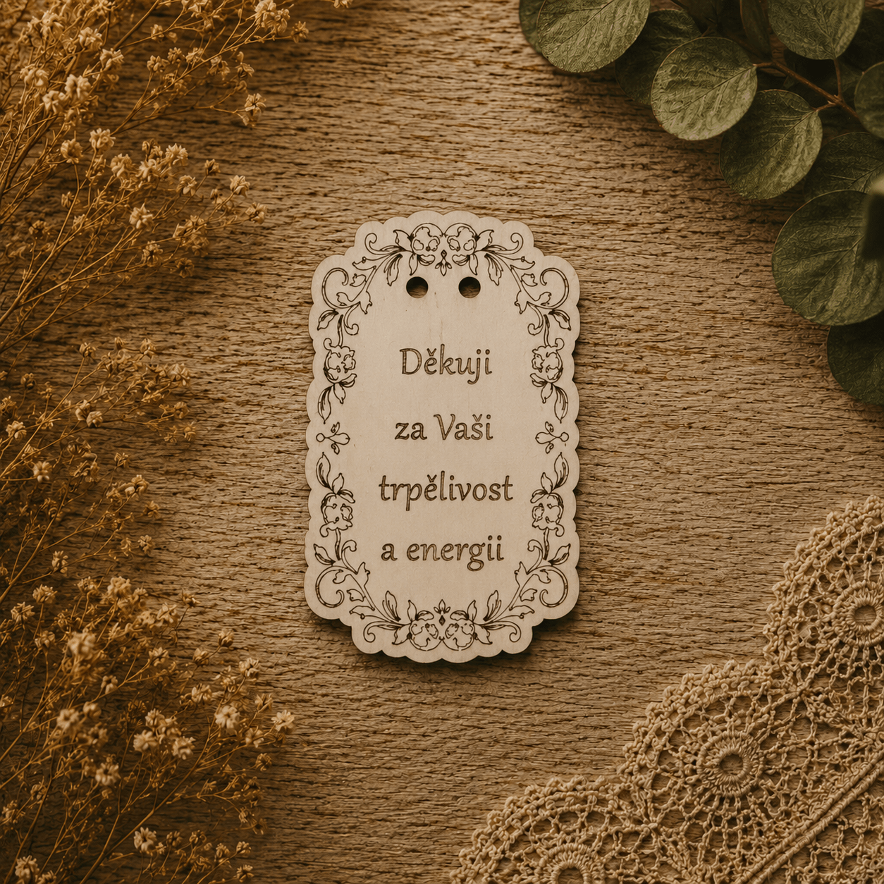 Originální dřevěné poděkování za trpělivost a energii. Krásný dárek pro paní učitelku nebo pana učitele na konec školního roku.
