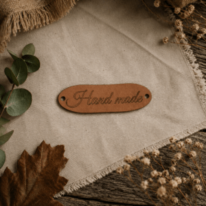 Oválná hnědá nášivka Hand made na oblečení a doplňky