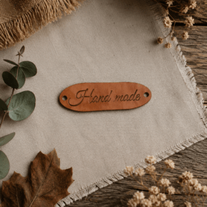 Oválná oranžová nášivka Hand made z eko kůže