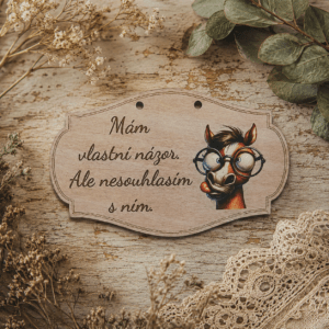 Dřevěná vtipná cedulka Názor s motivem koně