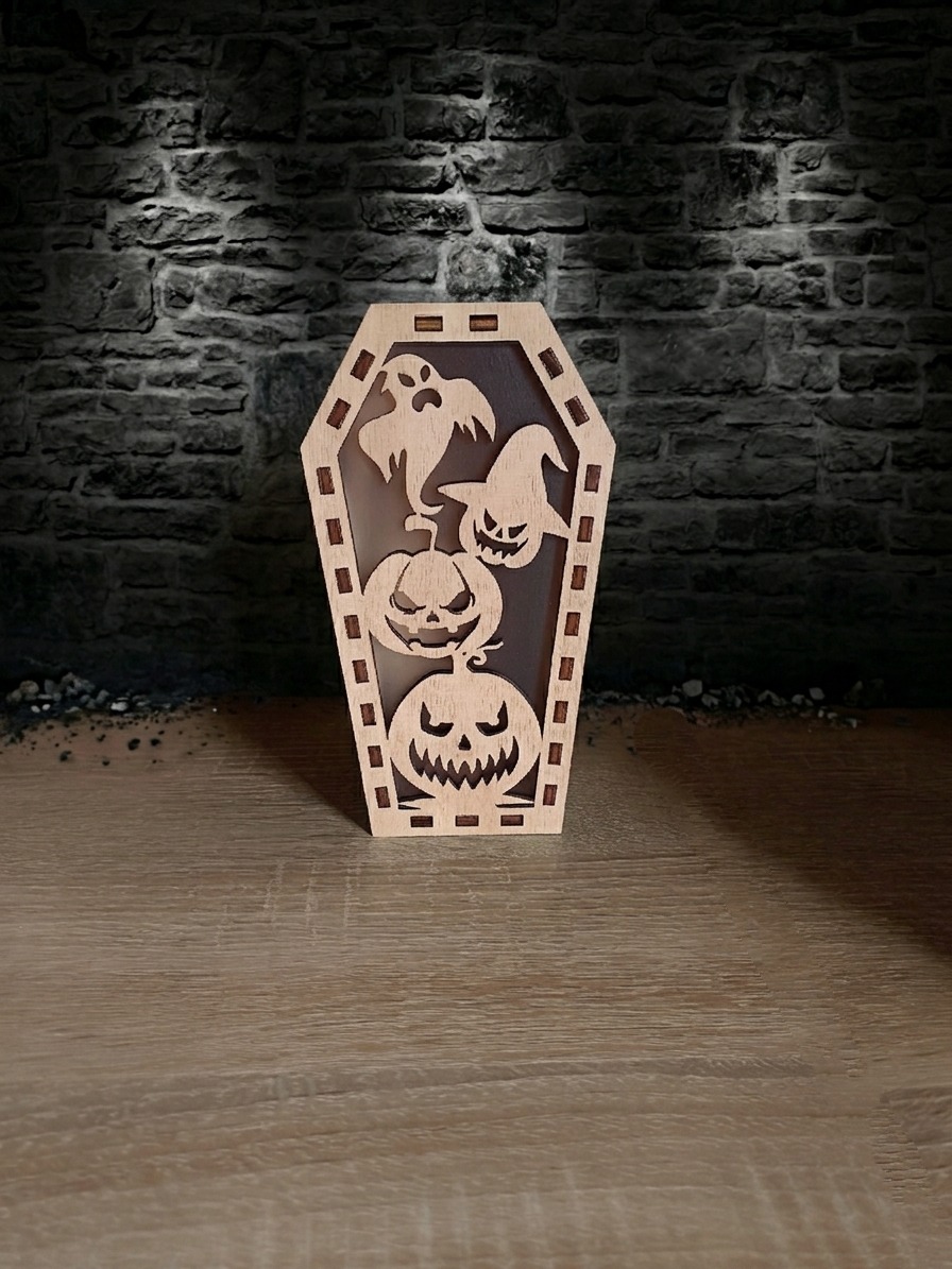 Dřevěná halloweenská lucerna Dýně na LED svíčku vyrobená z bukové překližky.